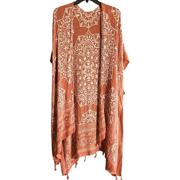 Lovestitch Rust Red Bohemian Lightweight Tasseled Kimono Shawl One Size - Picture 1 of 6